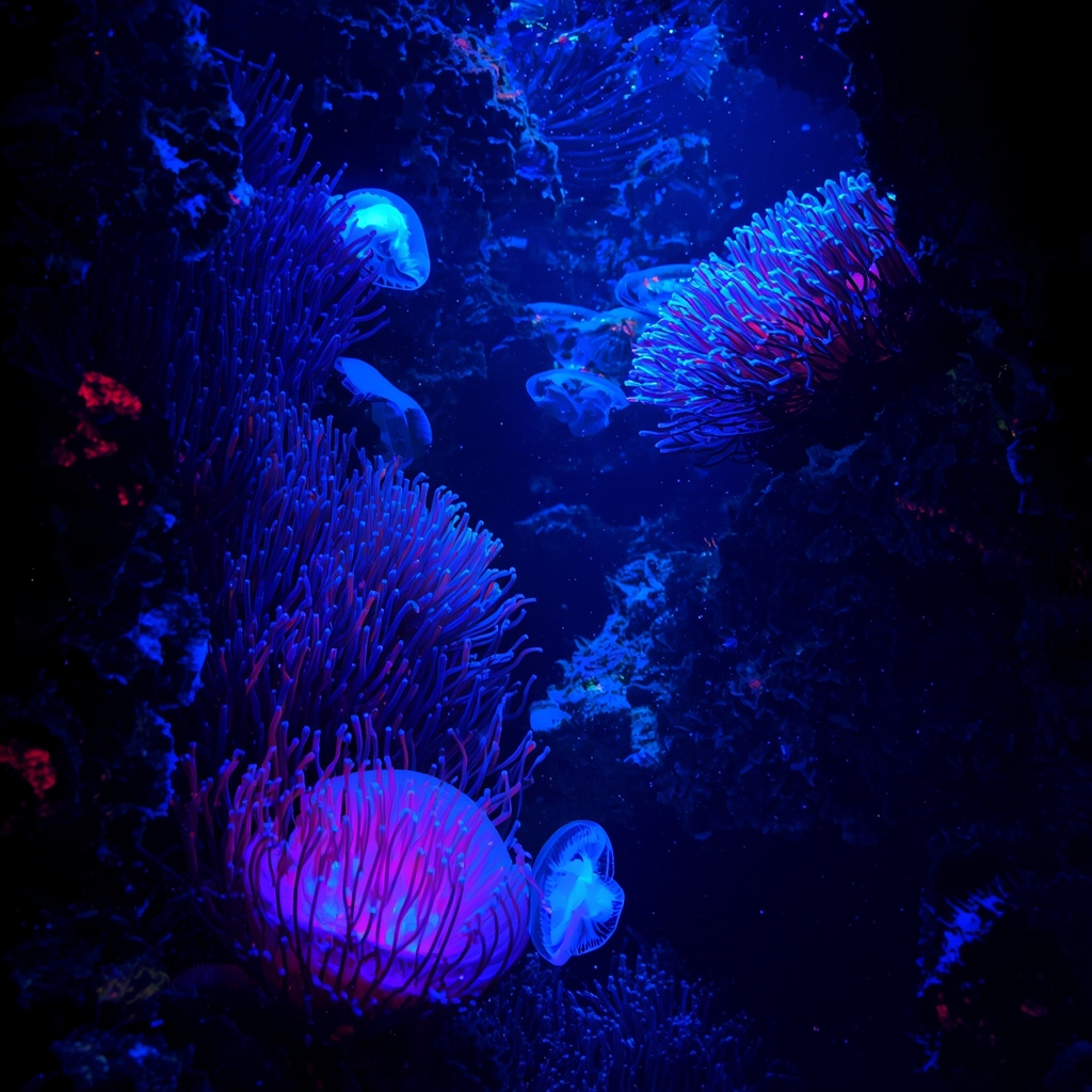 A bioluminescent forest of underwater anemones and jellyfish glowing in the deep ocean, vibrant colors, stunning bioluminescence, no humans, no women.